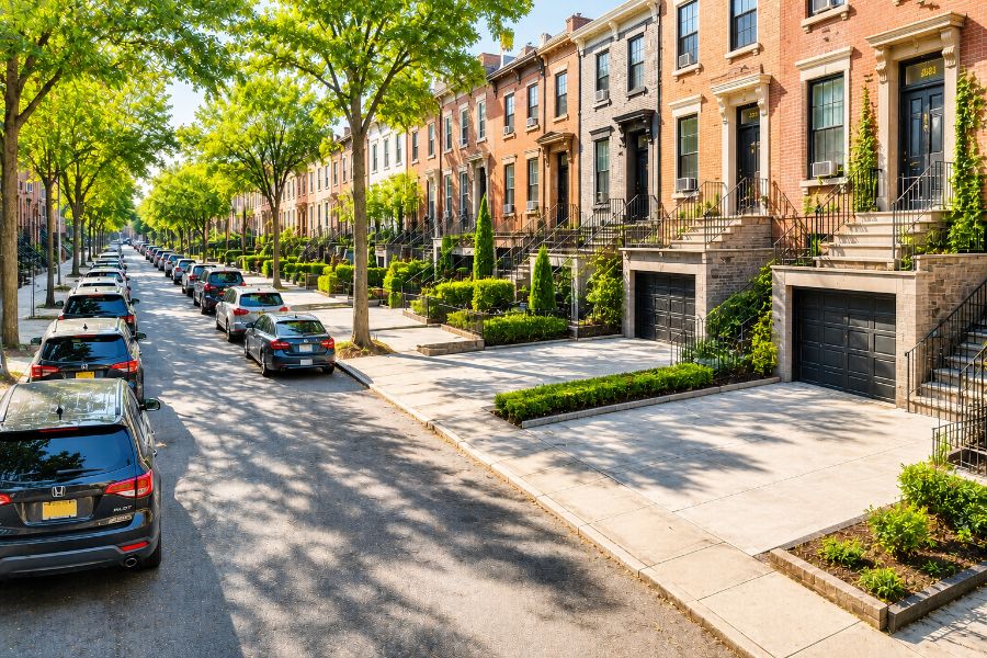 Brooklyn brownstone block with empty driveways